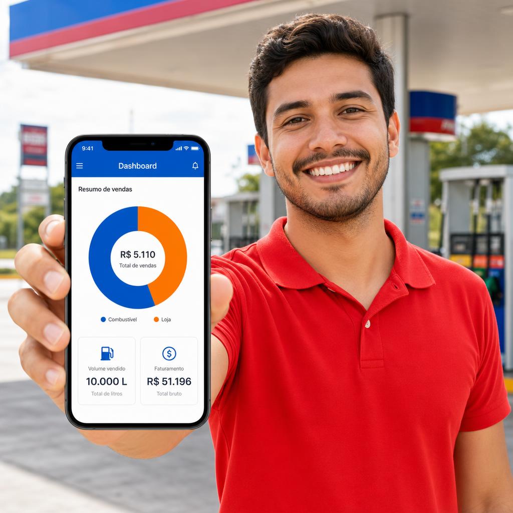 Frentista mostrando dashboard do sistema Infoposto no celular
